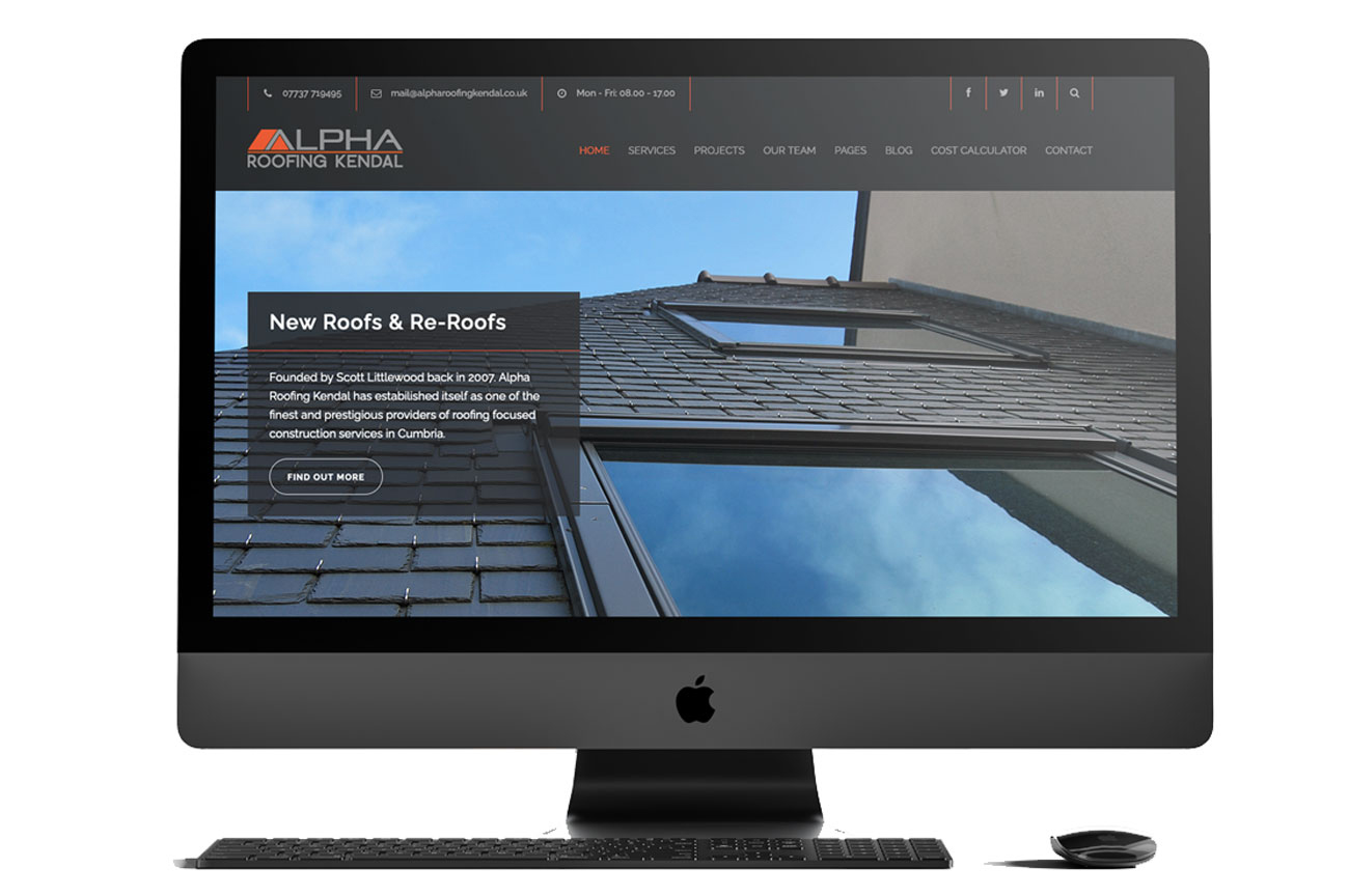 A desktop computer displaying alpha roofing kendal website