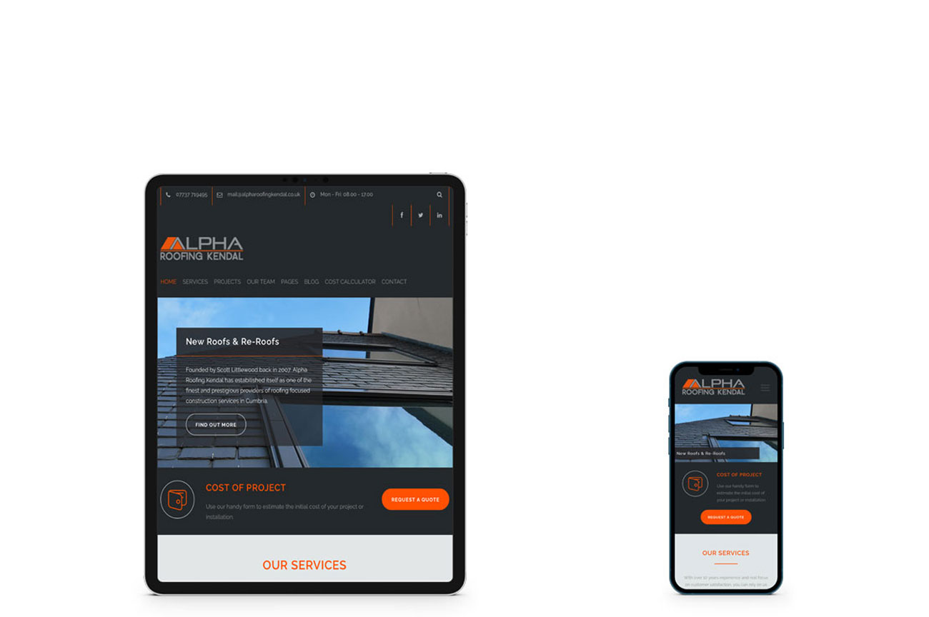 Mobile devices displaying alpha roofing kendal website