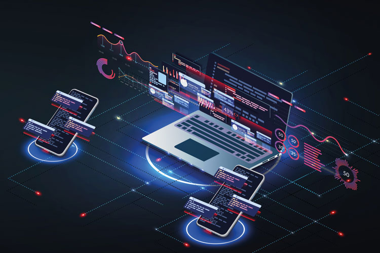 Digital illustration of mobile devices sharing information